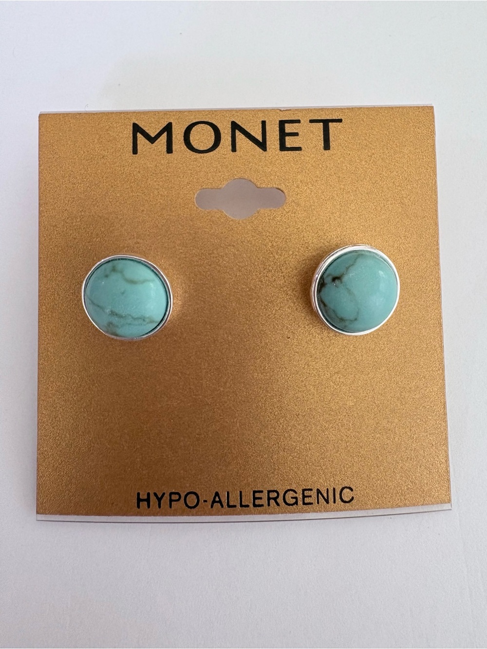 Vintage Monet Turquoise Blue Stud Earrings Silver Tone Hypoallergenic Signed NWT